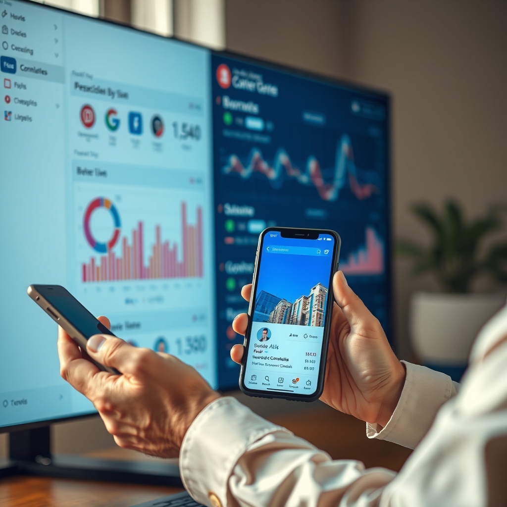 Descoberta do Instagram no Google Search Console Profissional comparando conteúdo social em um celular com dados de busca em uma tela