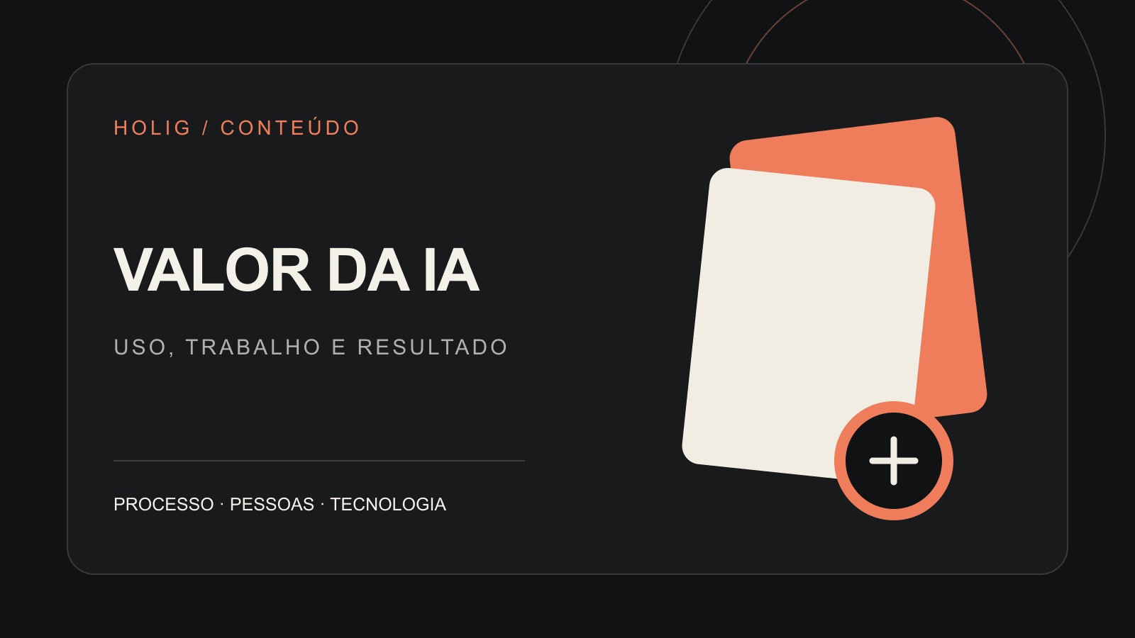 Como medir o valor da IA Três círculos conectam uso, trabalho e resultado em uma composição coral e grafite.